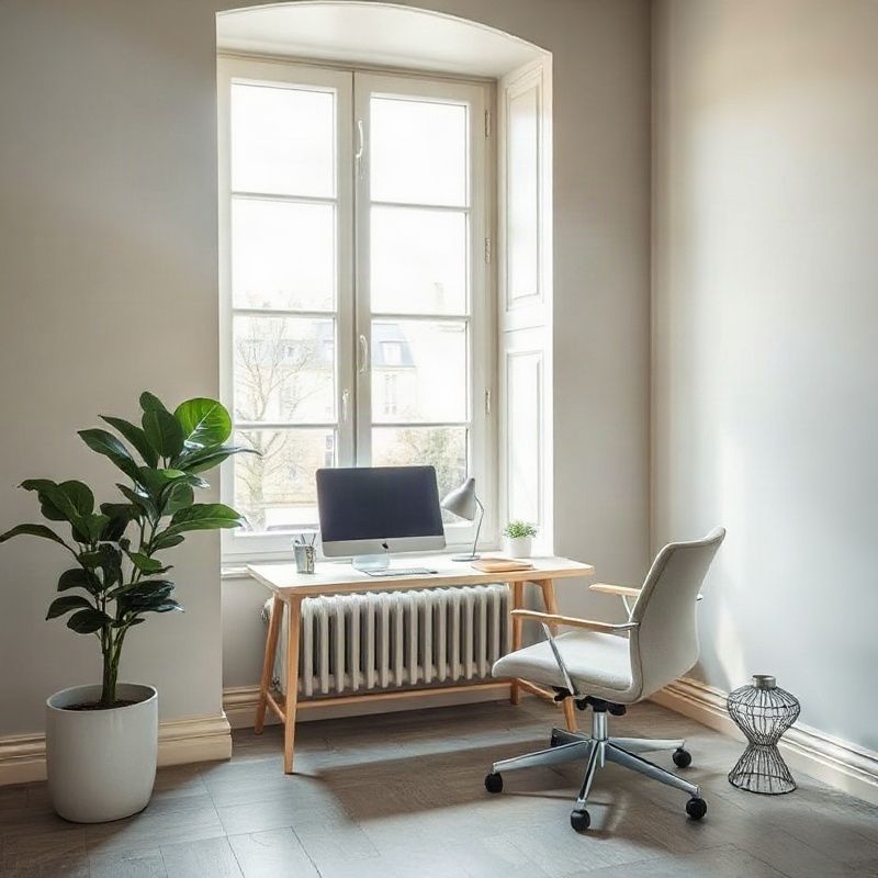 Coin de bureau lumineux avec une plante et une lumière naturelle douce